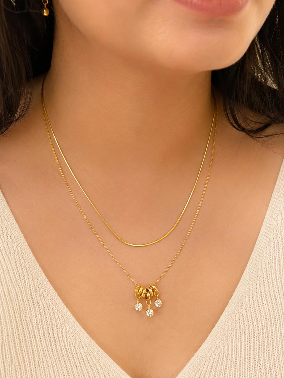STONE DROPPING DUAL CHAIN NECKLACE